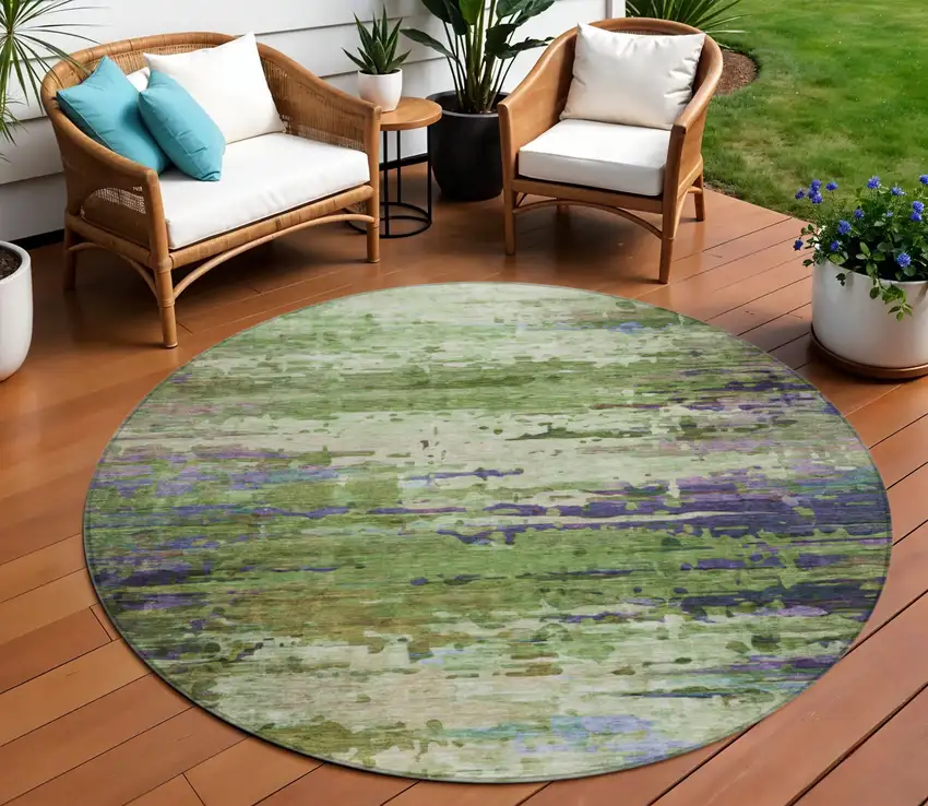 8' Green Lavender And Purple Round Abstract Washable Indoor Outdoor Area Rug Photo 2