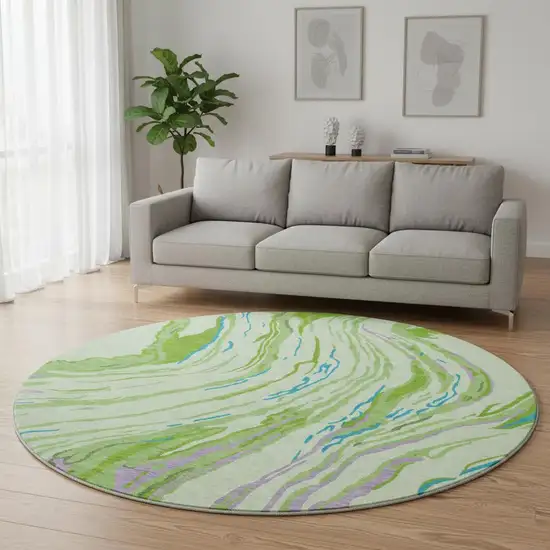 8' Green Lavender And Teal Abstract Washable Round Rug With UV Protection Photo 2
