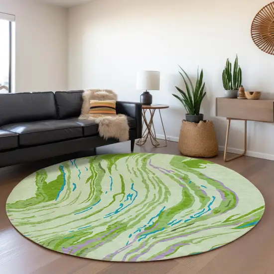 8' Green Lavender And Teal Abstract Washable Round Rug With UV Protection Photo 4