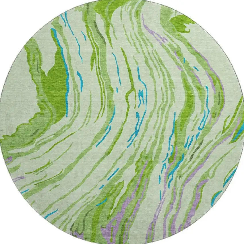 8' Green Lavender And Teal Abstract Washable Round Rug With UV Protection Photo 2