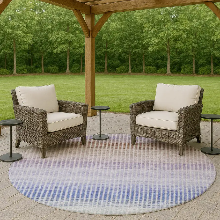 8' Green Lavender And Teal Blue Round Striped Washable Indoor Outdoor Area Rug Photo 8