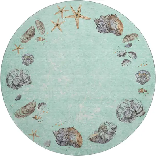 8' Green Light Blue And Beige Geometric Washable Round Rug With UV Protection Photo 1