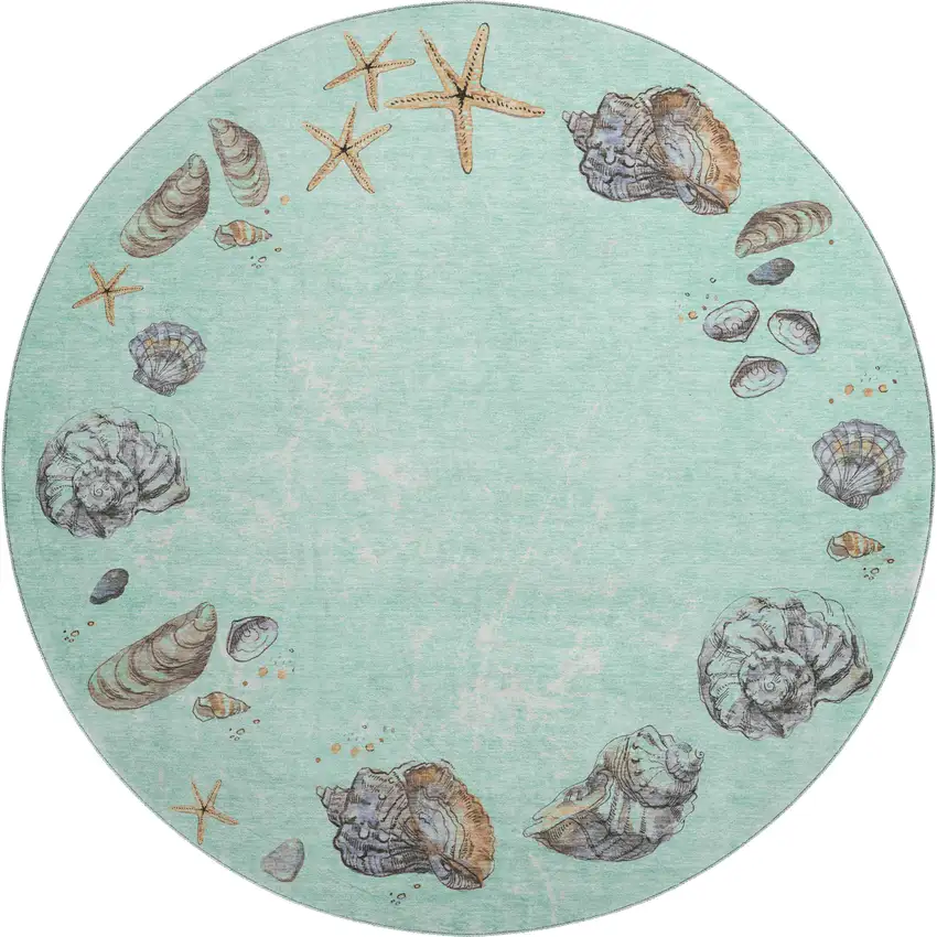 8' Green Light Blue And Beige Geometric Washable Round Rug With UV Protection Photo 1