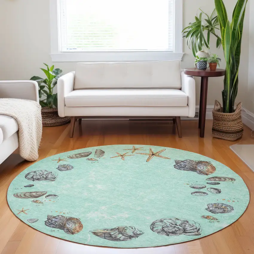 8' Green Light Blue And Beige Geometric Washable Round Rug With UV Protection Photo 5