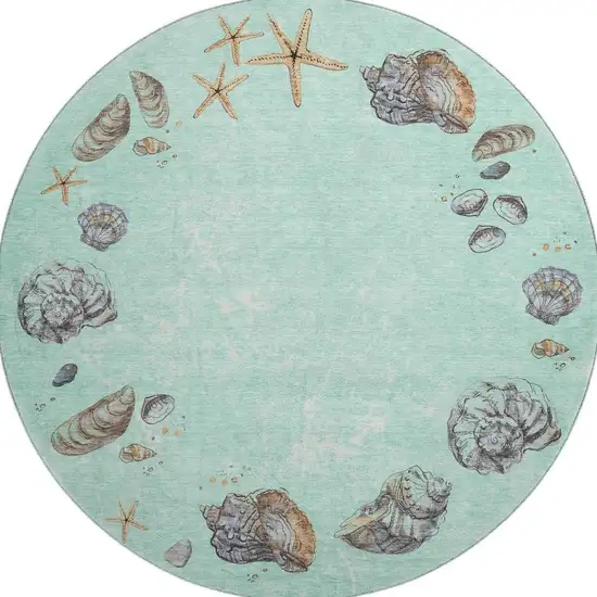 8' Green Light Blue And Beige Geometric Washable Round Rug With UV Protection Photo 4