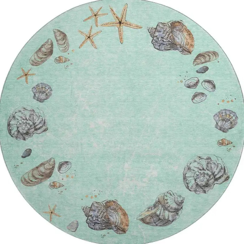 8' Green Light Blue And Beige Geometric Washable Round Rug With UV Protection Photo 4