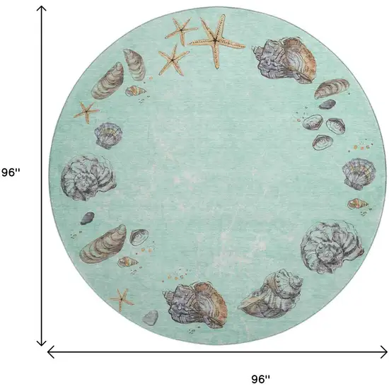 8' Green Light Blue And Beige Geometric Washable Round Rug With UV Protection Photo 3