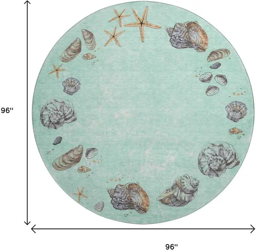 8' Green Light Blue And Beige Geometric Washable Round Rug With UV Protection Photo 3
