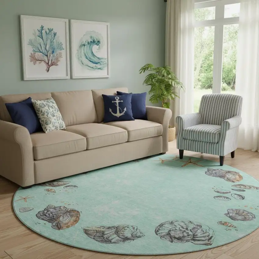 8' Green Light Blue And Beige Geometric Washable Round Rug With UV Protection Photo 1