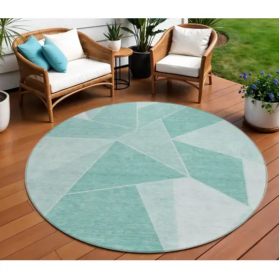 8' Green Mint Green And Aqua Round Geometric Washable Indoor Outdoor Area Rug Photo 1