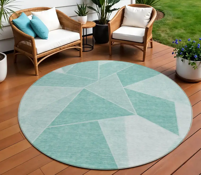 8' Green Mint Green And Aqua Round Geometric Washable Indoor Outdoor Area Rug Photo 1