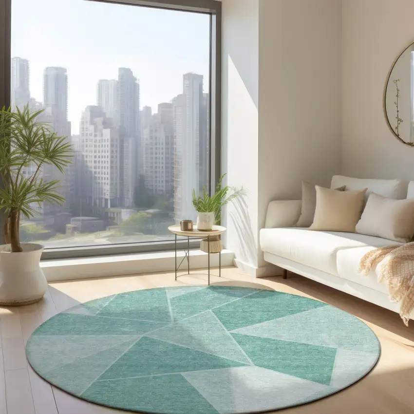 8' Green Mint Green And Aqua Round Geometric Washable Indoor Outdoor Area Rug Photo 8
