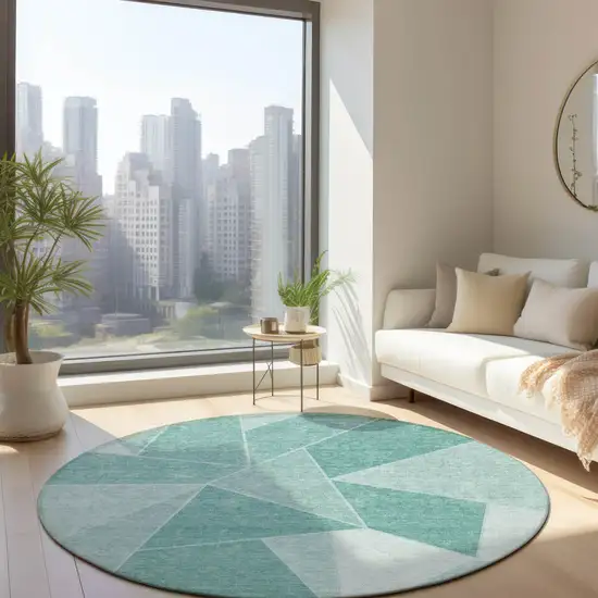 8' Green Mint Green And Aqua Round Geometric Washable Indoor Outdoor Area Rug Photo 8