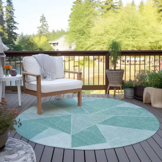 8' Green Mint Green And Aqua Round Geometric Washable Indoor Outdoor Area Rug Photo 7