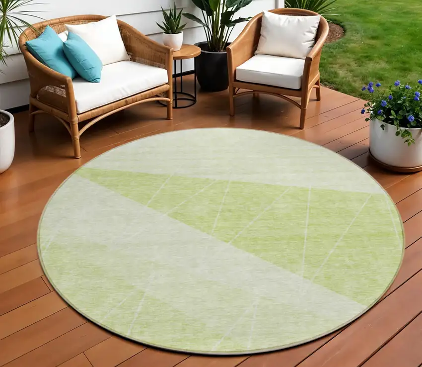 8' Green Mint Green And Ivory Round Geometric Washable Indoor Outdoor Area Rug Photo 1