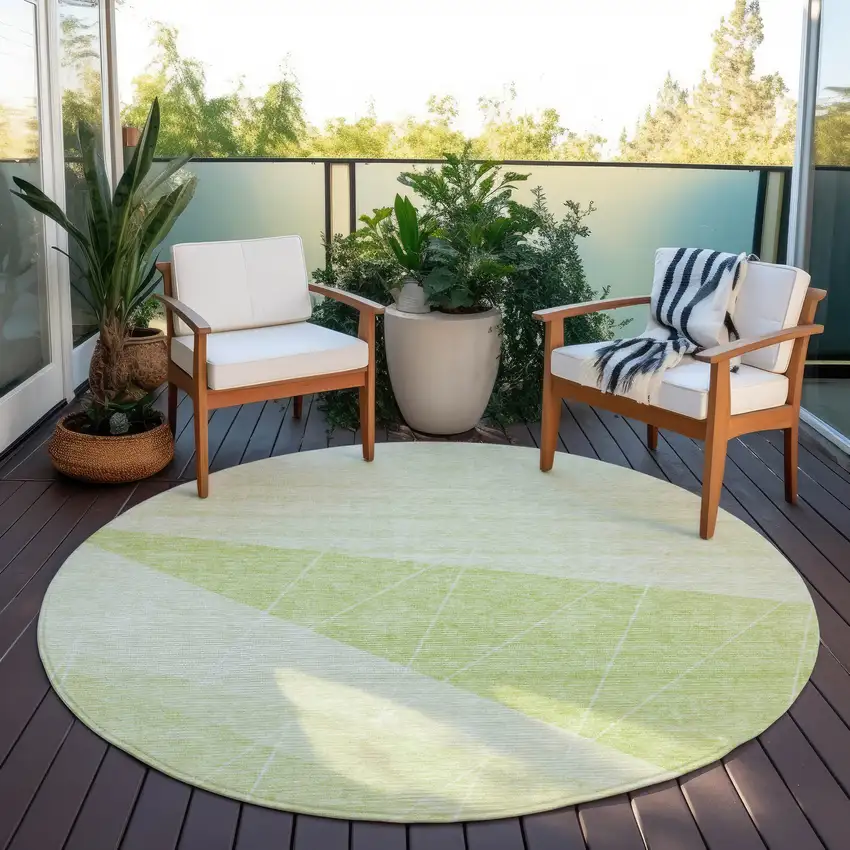 8' Green Mint Green And Ivory Round Geometric Washable Indoor Outdoor Area Rug Photo 6