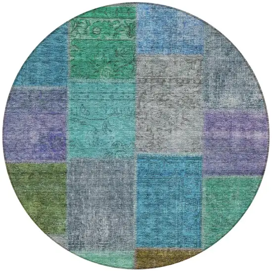 8' Green Navy Blue And Gray Round Patchwork Washable Indoor Outdoor Area Rug Photo 6