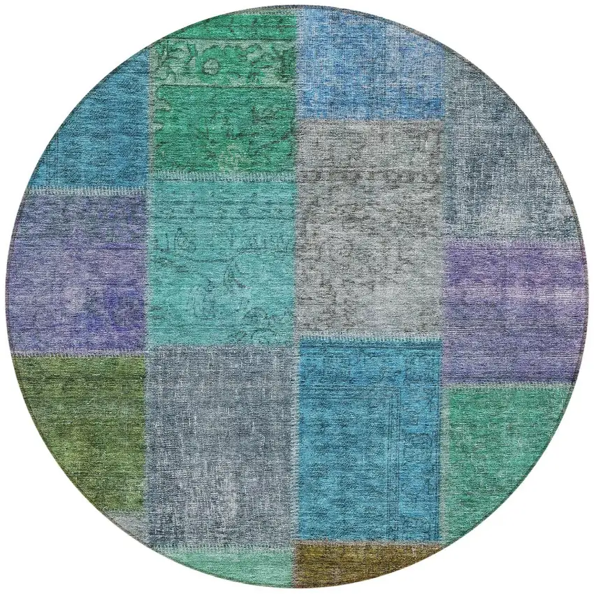 8' Green Navy Blue And Gray Round Patchwork Washable Indoor Outdoor Area Rug Photo 6