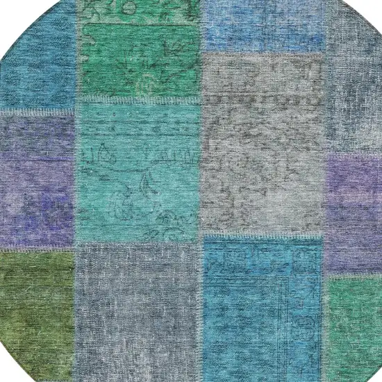 8' Green Navy Blue And Gray Round Patchwork Washable Indoor Outdoor Area Rug Photo 5
