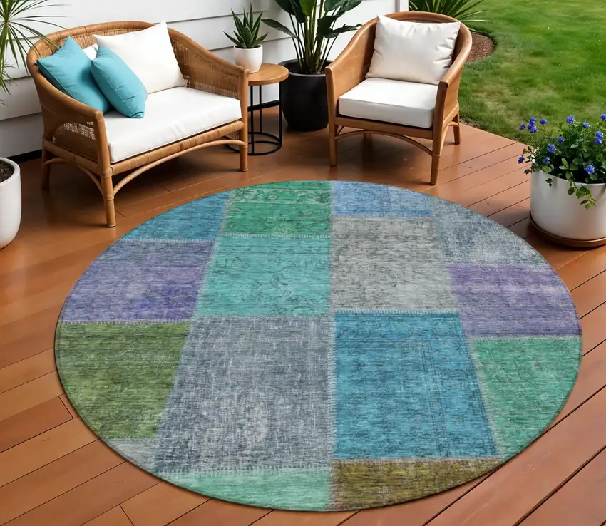 8' Green Navy Blue And Gray Round Patchwork Washable Indoor Outdoor Area Rug Photo 1