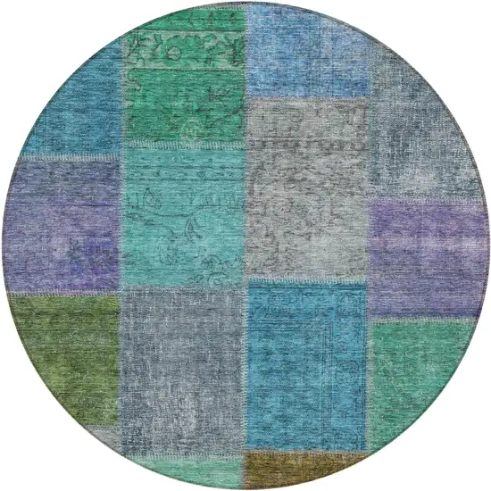 8' Green Navy Blue And Gray Round Patchwork Washable Indoor Outdoor Area Rug Photo 2