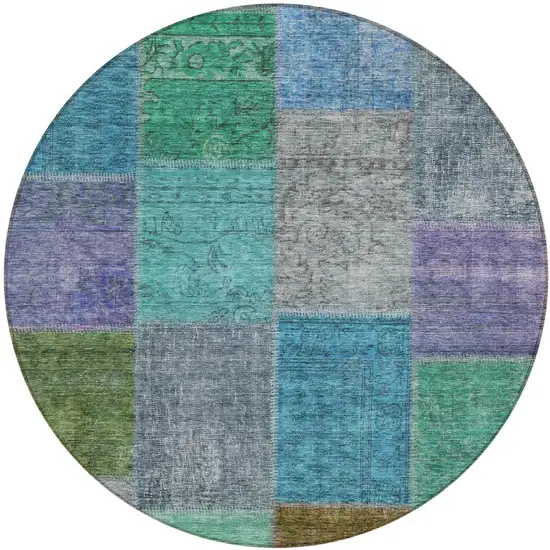 8' Green Navy Blue And Gray Round Patchwork Washable Indoor Outdoor Area Rug Photo 2