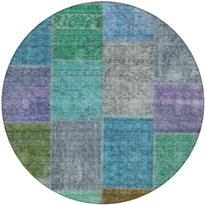 8' Green Navy Blue And Gray Round Patchwork Washable Indoor Outdoor Area Rug Photo 2