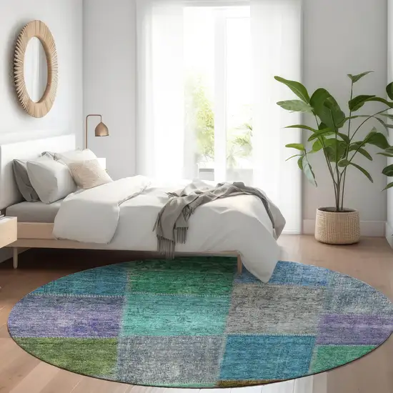 8' Green Navy Blue And Gray Round Patchwork Washable Indoor Outdoor Area Rug Photo 8