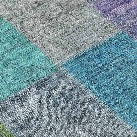8' Green Navy Blue And Gray Round Patchwork Washable Indoor Outdoor Area Rug Photo 9