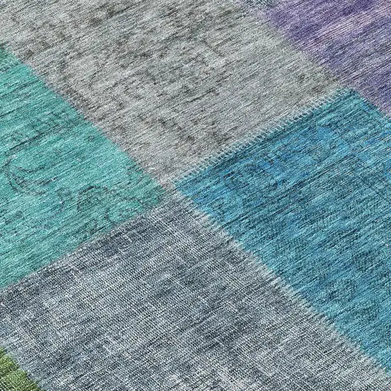 8' Green Navy Blue And Gray Round Patchwork Washable Indoor Outdoor Area Rug Photo 9