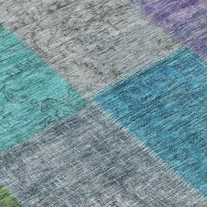8' Green Navy Blue And Gray Round Patchwork Washable Indoor Outdoor Area Rug Photo 9