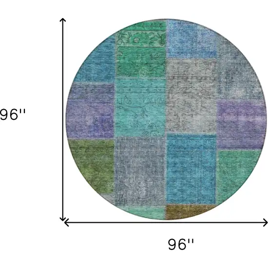 8' Green Navy Blue And Gray Round Patchwork Washable Indoor Outdoor Area Rug Photo 3