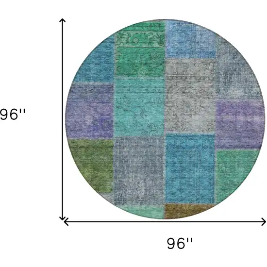 8' Green Navy Blue And Gray Round Patchwork Washable Indoor Outdoor Area Rug Photo 3