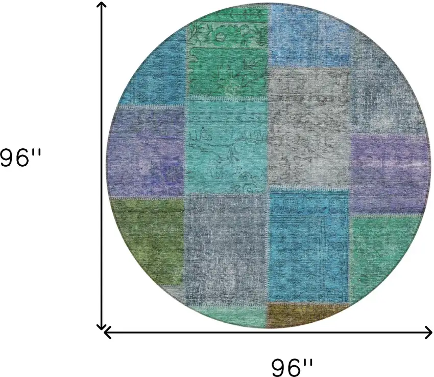 8' Green Navy Blue And Gray Round Patchwork Washable Indoor Outdoor Area Rug Photo 3