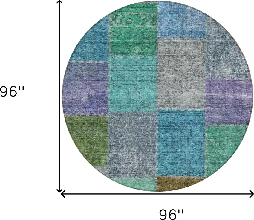 8' Green Navy Blue And Gray Round Patchwork Washable Indoor Outdoor Area Rug Photo 3