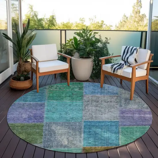 8' Green Navy Blue And Gray Round Patchwork Washable Indoor Outdoor Area Rug Photo 7