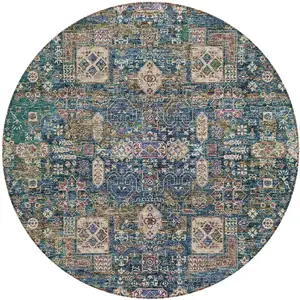 Photo of 8' Green Navy Blue And Ivory Round Oriental Washable Indoor Outdoor Area Rug