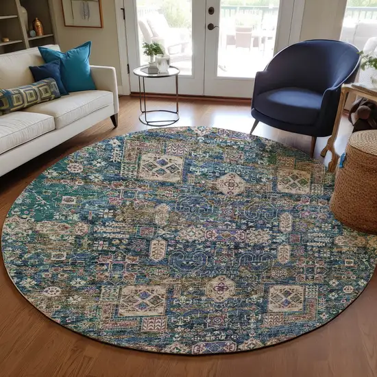 8' Green Navy Blue And Ivory Round Oriental Washable Indoor Outdoor Area Rug Photo 8