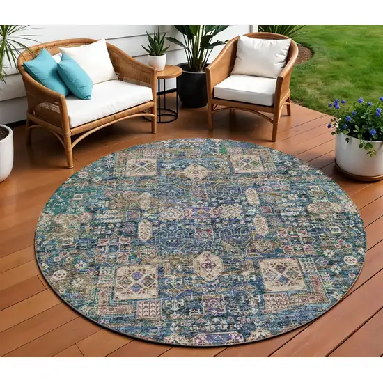 8' Green Navy Blue And Ivory Round Oriental Washable Indoor Outdoor Area Rug Photo 1