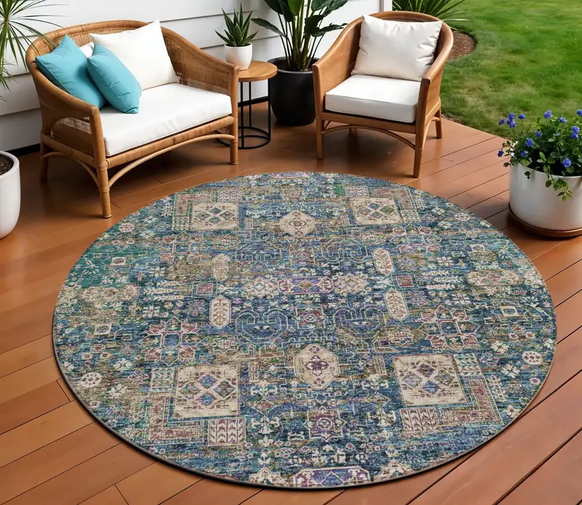 8' Green Navy Blue And Ivory Round Oriental Washable Indoor Outdoor Area Rug Photo 1