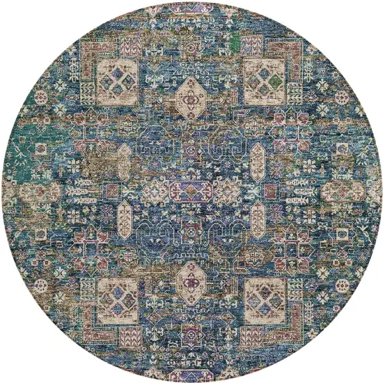 8' Green Navy Blue And Ivory Round Oriental Washable Indoor Outdoor Area Rug Photo 6