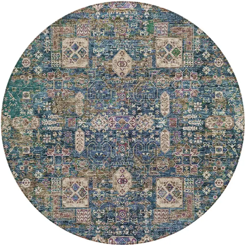 8' Green Navy Blue And Ivory Round Oriental Washable Indoor Outdoor Area Rug Photo 6