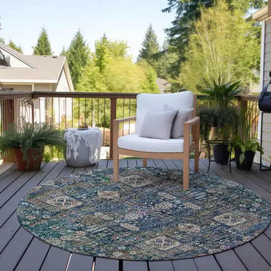 8' Green Navy Blue And Ivory Round Oriental Washable Indoor Outdoor Area Rug Photo 7