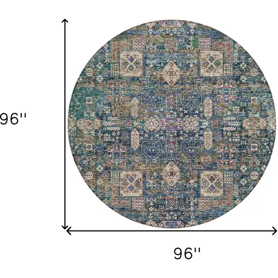 8' Green Navy Blue And Ivory Round Oriental Washable Indoor Outdoor Area Rug Photo 9