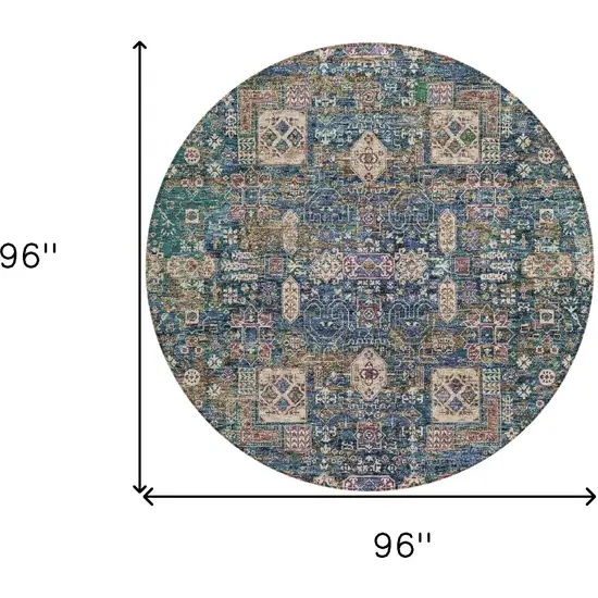 8' Green Navy Blue And Ivory Round Oriental Washable Indoor Outdoor Area Rug Photo 9