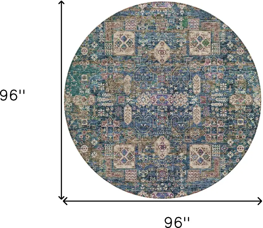 8' Green Navy Blue And Ivory Round Oriental Washable Indoor Outdoor Area Rug Photo 9