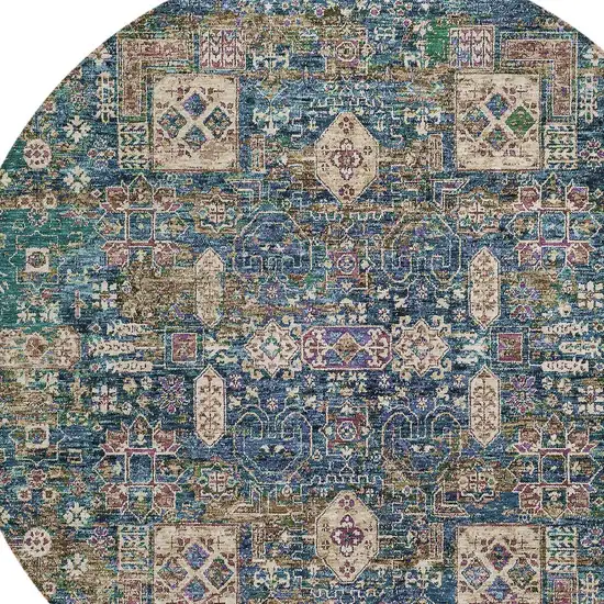 8' Green Navy Blue And Ivory Round Oriental Washable Indoor Outdoor Area Rug Photo 5