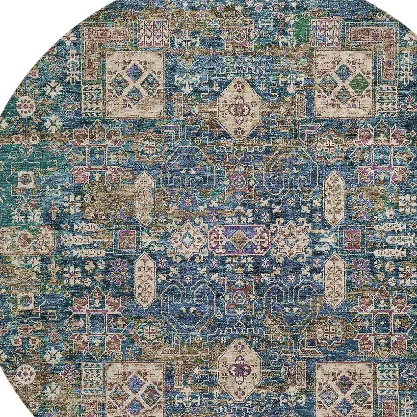 8' Green Navy Blue And Ivory Round Oriental Washable Indoor Outdoor Area Rug Photo 5