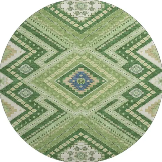 8' Green Navy Blue And Ivory Tribal Washable Round Rug With UV Protection Photo 2