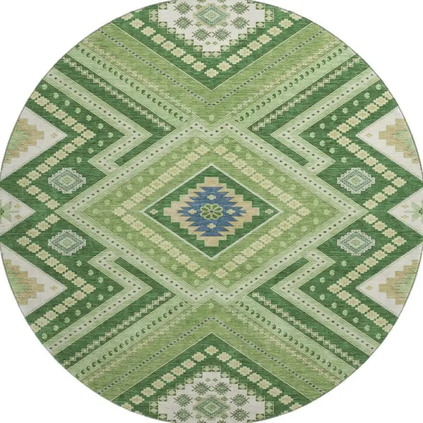 8' Green Navy Blue And Ivory Tribal Washable Round Rug With UV Protection Photo 2